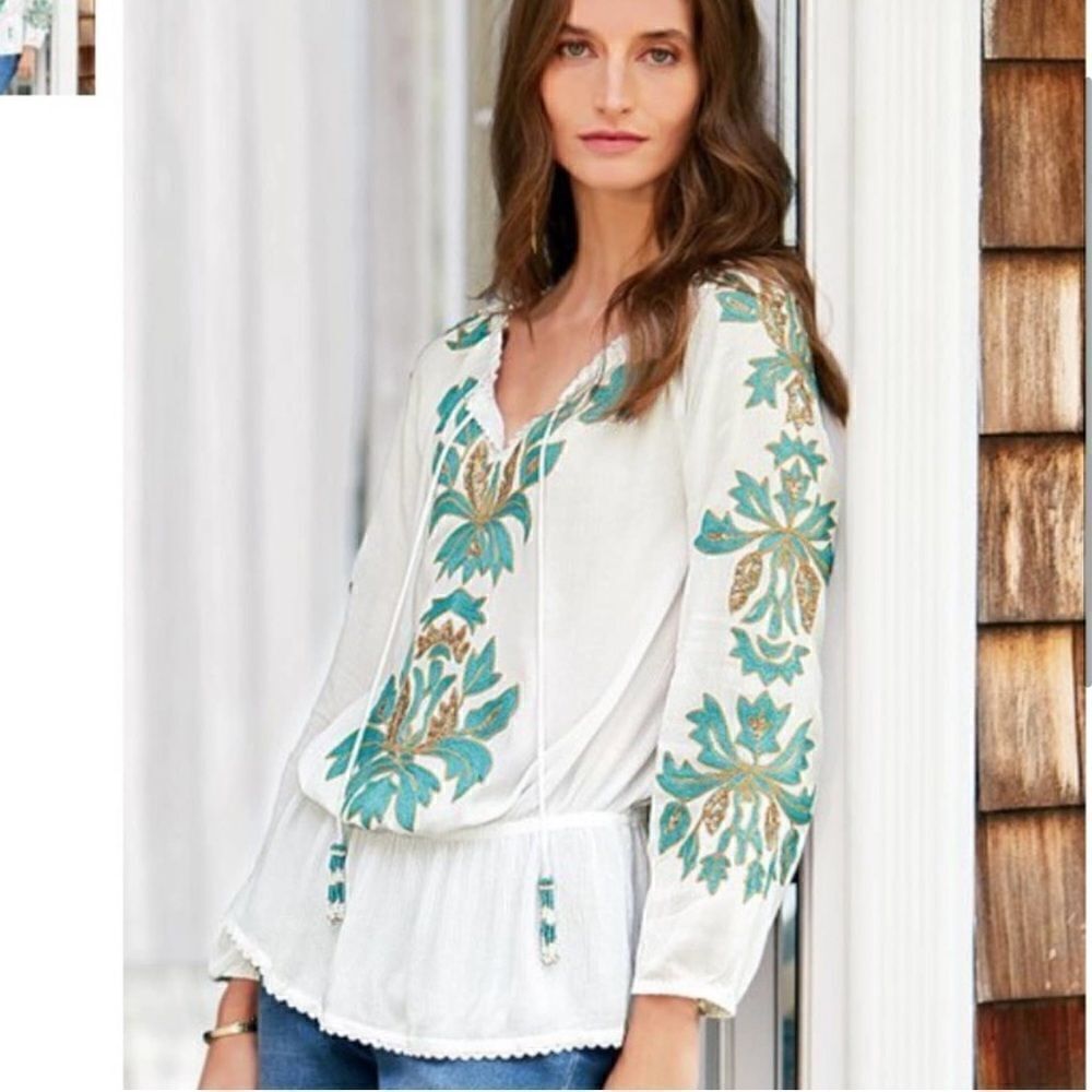 Soft Surroundings Botanical Gardens Blouse Embroidered Sequins NEW